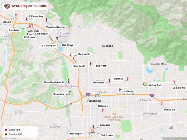 AYSO Region 13 field locations across Pasadena, Altadena, and La Cañada Flintridge