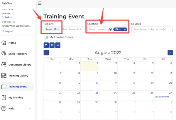 AYSOU Find Training Event search filters