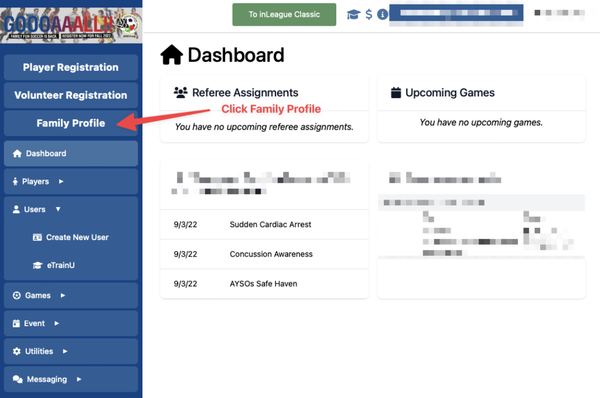 InLeague Family Profile menu showing the Family Profile selection in the left sidebar