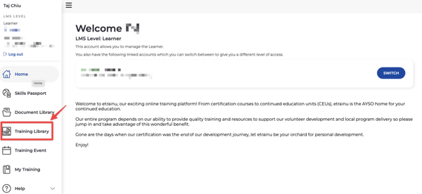 AYSOU Training Library top-level menu