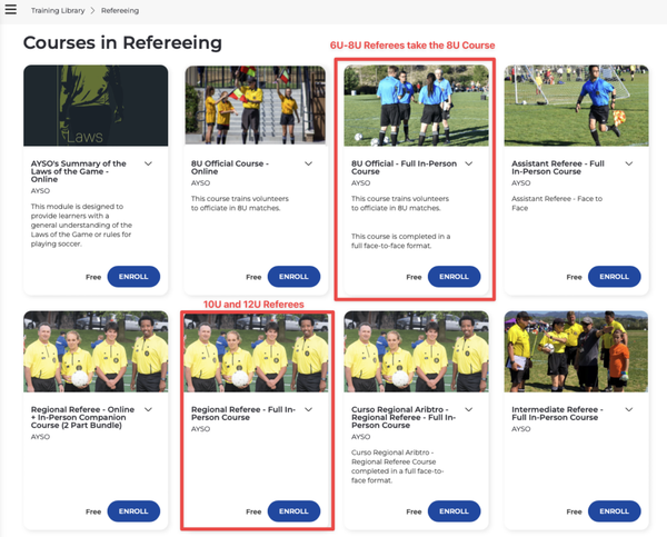 AYSOU Refereeing course list with division-specific options
