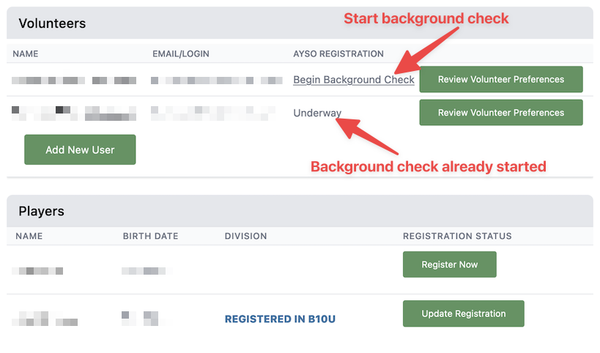 Family Profile screen showing the Begin Background Check button next to a volunteer's name